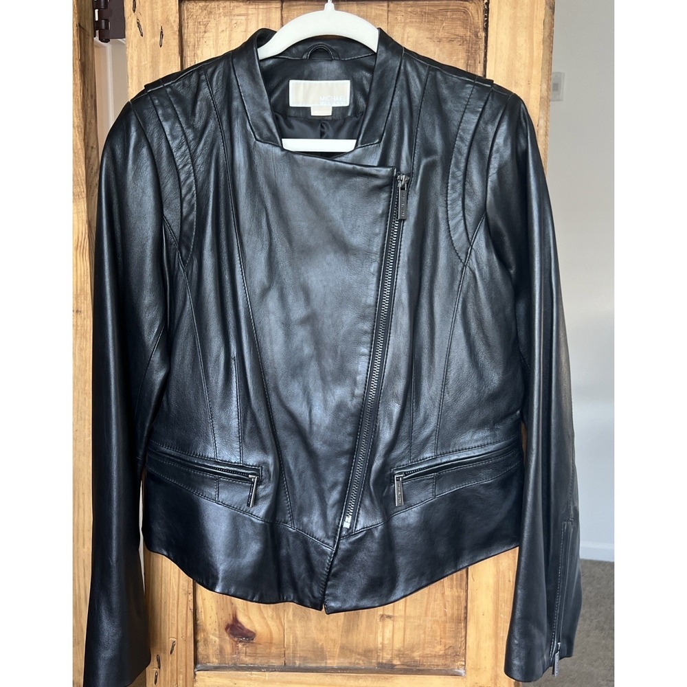 Michael Kors Black Genuine Leather Asymmetrical Zip Moto Biker Jacket Womens Lg